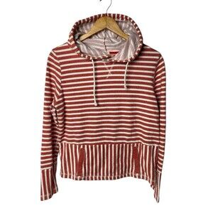 J.Crew Textured Stripe Cotton Hoodie Pullover Red White Kangaroo Pocket Womens M